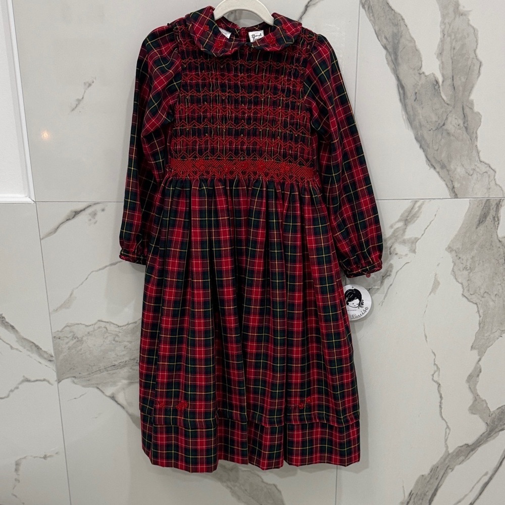 SARAH LOUISE Hand Smocked Embroidered Tartan Red Green Girls Holiday Dress NWT